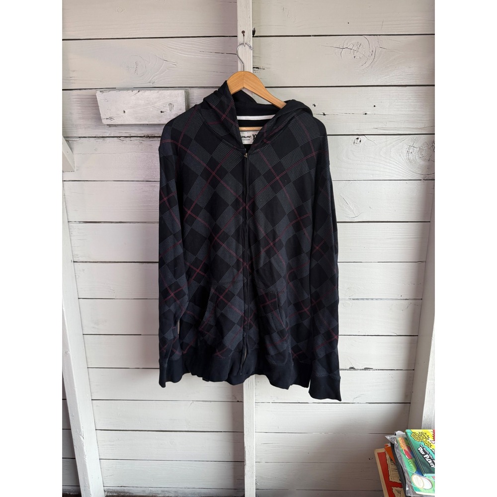 Utility Mens XXL Black Plaid Argyle Full Zip Hoodie Cotton Sweatshirt Jacket